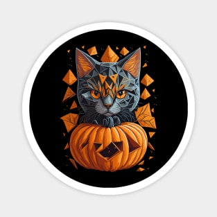 Geometric Halloween Cat on Pumpkin Magnet